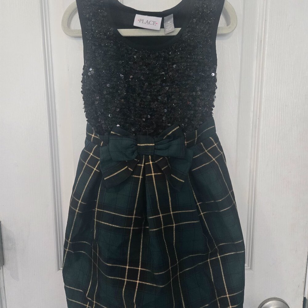 Childrens Place Christmas Dress, Family Matching Green and Gold Plaid 4/xs